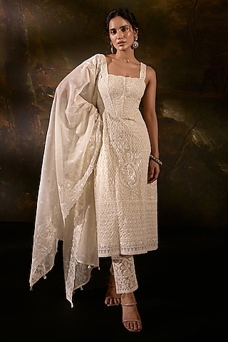 Off-White Poly Organza Embroidered Anarkali Set by Saanjh by Lea