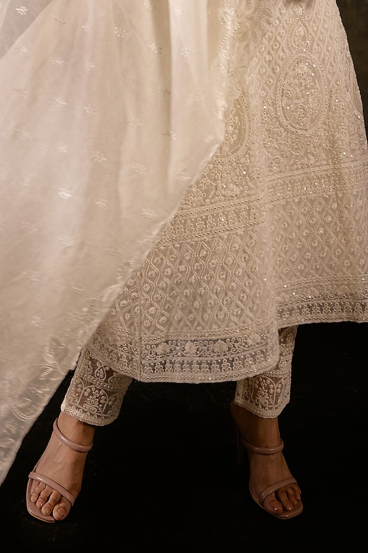 Off-White Poly Organza Embroidered Party Wear Anarkali Set by Saanjh by Lea at Pernia's Pop Up Shop