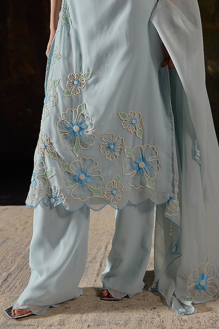 Baby Blue Poly Crepe Floral Embroidered Kurta Set by Saanjh by Lea at Pernia's Pop Up Shop