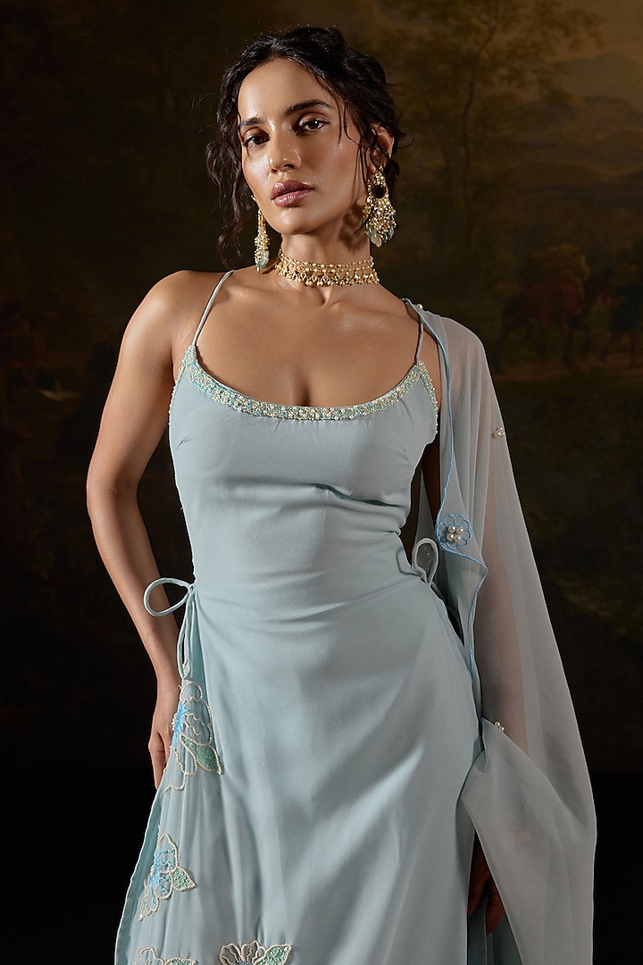 Baby Blue Poly Crepe Floral Embroidered Kurta Set by Saanjh by Lea at Pernia's Pop Up Shop
