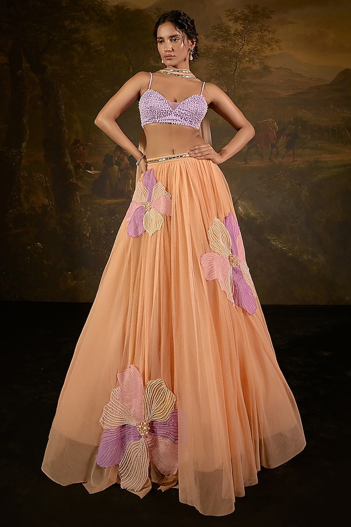 Orange & Lavender Organza Tulle Embroidered Lehenga Set by Saanjh by Lea at Pernia's Pop Up Shop