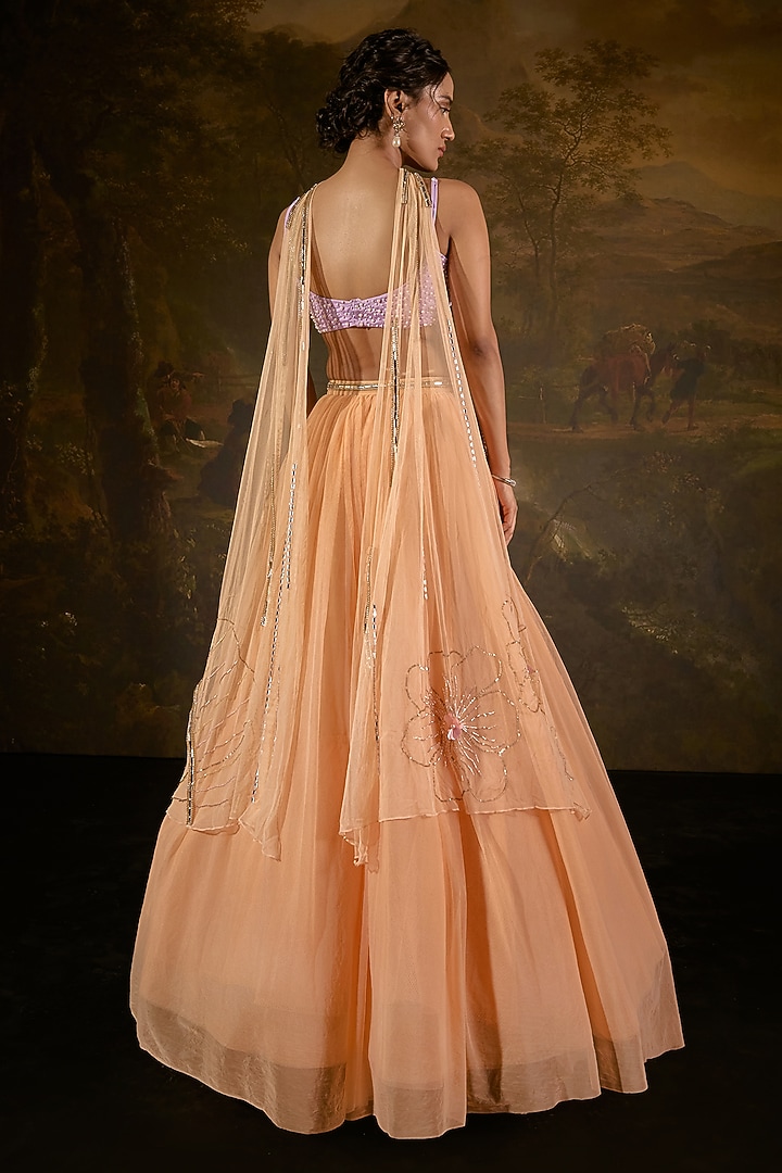 Orange & Lavender Organza Tulle Embroidered Wedding Lehenga Set by Saanjh by Lea at Pernia's Pop Up Shop