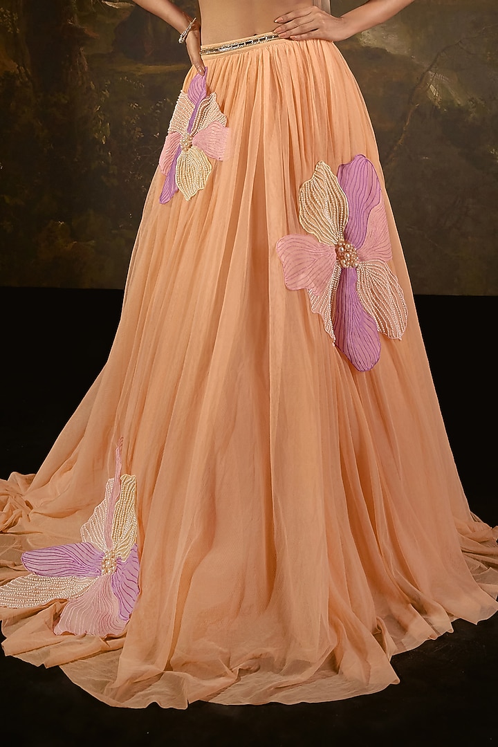 Orange & Lavender Organza Tulle Embroidered Wedding Lehenga Set by Saanjh by Lea at Pernia's Pop Up Shop