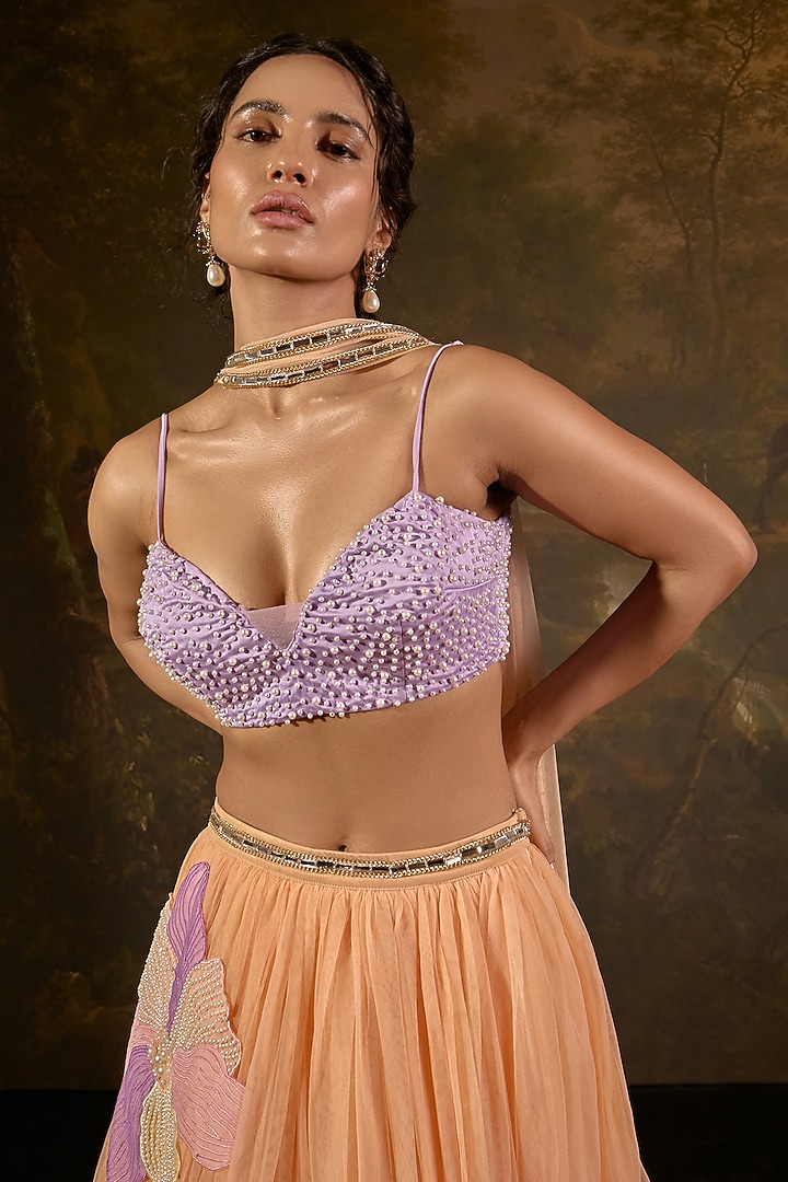 Orange & Lavender Organza Tulle Embroidered Wedding Lehenga Set by Saanjh by Lea at Pernia's Pop Up Shop
