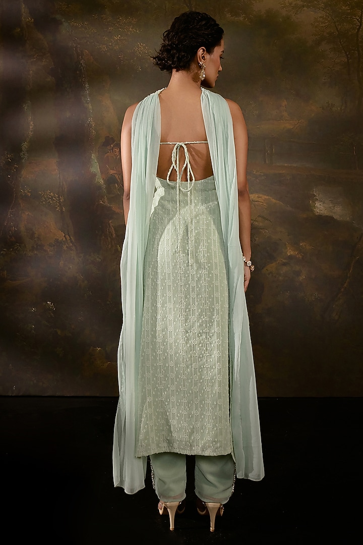 Green Chiffon Hand Embroidered Kurta Set by Saanjh by Lea at Pernia's Pop Up Shop