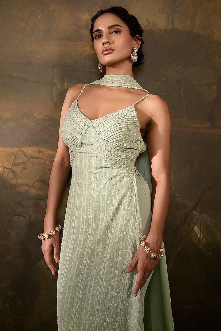 Green Chiffon Hand Embroidered Kurta Set by Saanjh by Lea at Pernia's Pop Up Shop