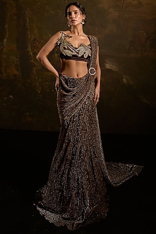 Brown Shimmer Lurex Mermaid Saree Set by Saanjh by Lea