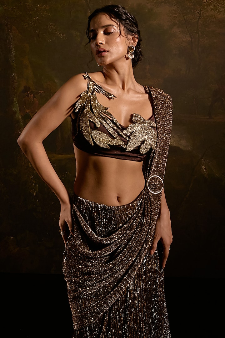 Brown Shimmer Lurex Mermaid Wedding Saree Set by Saanjh by Lea at Pernia's Pop Up Shop