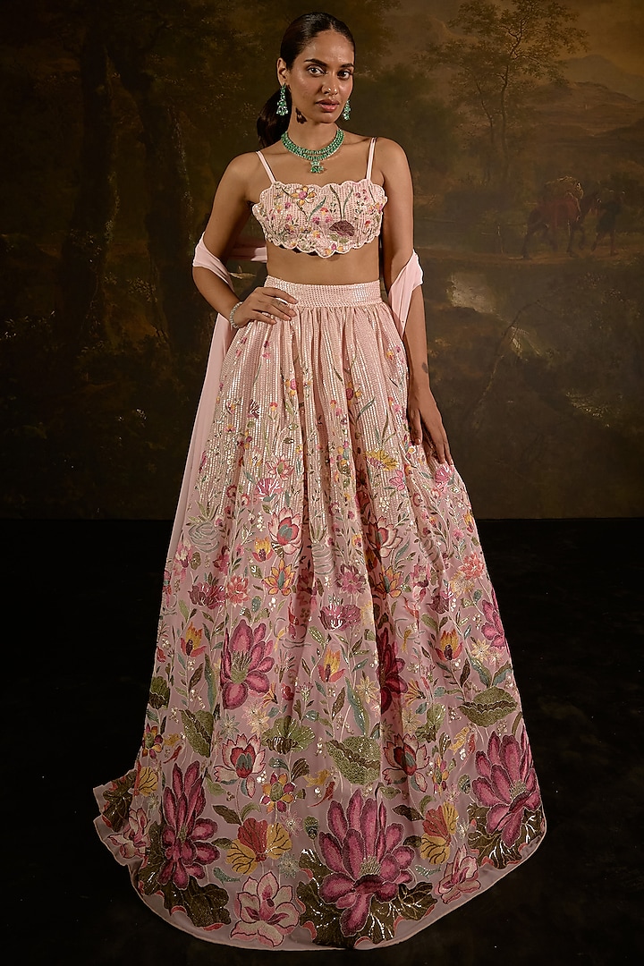 Blush Pink Georgette Floral Embroidered Wedding Lehenga Set by Saanjh by Lea at Pernia's Pop Up Shop