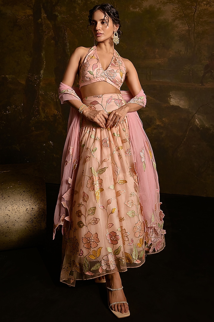 Peach Mesh Floral Embroidered Lehenga Set by Saanjh by Lea at Pernia's Pop Up Shop