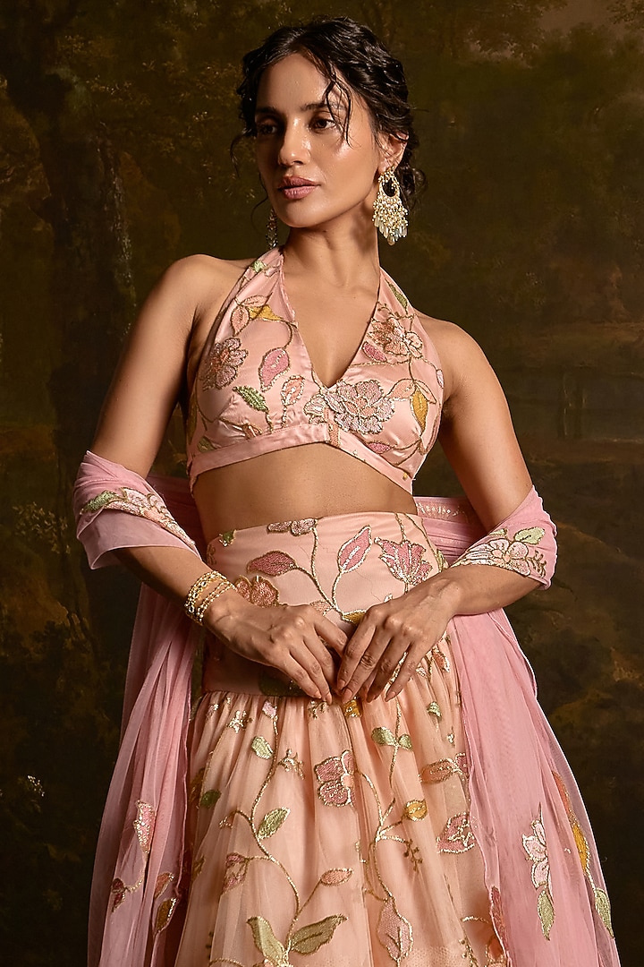 Peach Mesh Floral Embroidered Wedding Lehenga Set by Saanjh by Lea at Pernia's Pop Up Shop
