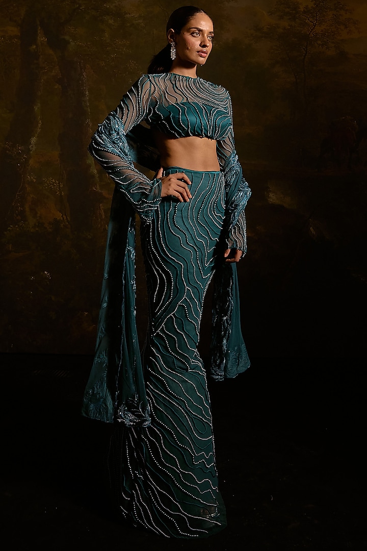 Teal Mesh & Satin Hand Embroidered Mermaid Wedding Lehenga Set by Saanjh by Lea at Pernia's Pop Up Shop