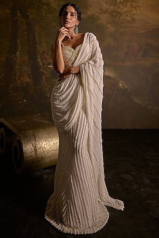 Off White Pearl and Mirror Embroidered satin draped saree set main image 1