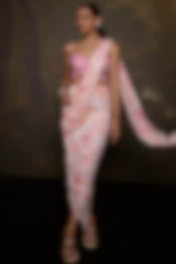 White Georgette Digital Printed Draped Wedding Saree Set by Saanjh by Lea at Pernia's Pop Up Shop