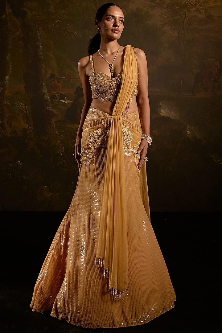 Gold Sequins Lace Embellished Pre-Draped Mermaid Saree Set by Saanjh by Lea at Pernia's Pop Up Shop