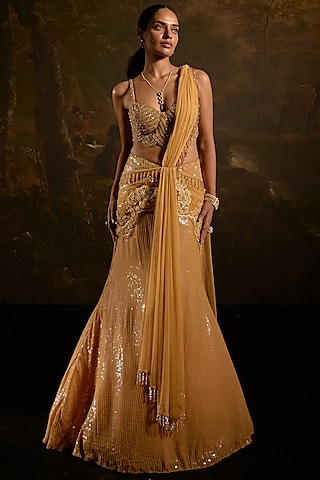 Gold Sequins Lace Embellished Pre-Draped Mermaid Saree Set by Saanjh by Lea