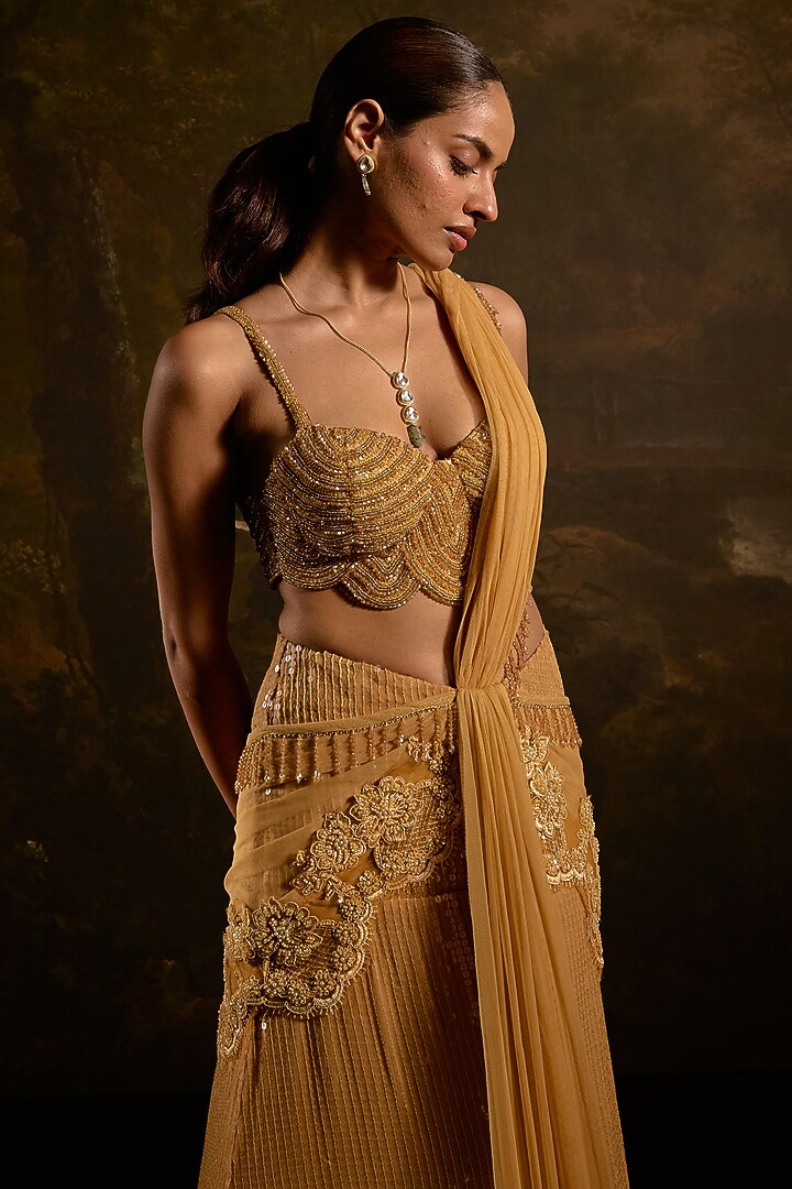 Gold Sequins Lace Embellished Pre-Draped Mermaid Wedding Saree Set by Saanjh by Lea at Pernia's Pop Up Shop