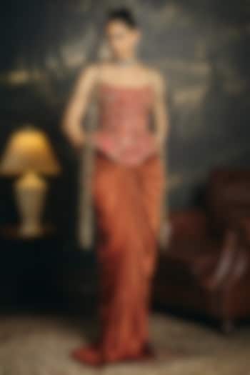 Peach Satin Draped Skirt Set by Saanjh by Lea at Pernia's Pop Up Shop