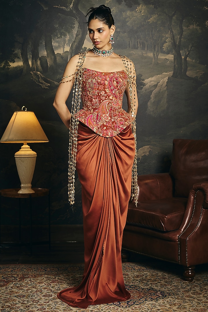 Peach Satin Draped Skirt Set by Saanjh by Lea at Pernia's Pop Up Shop