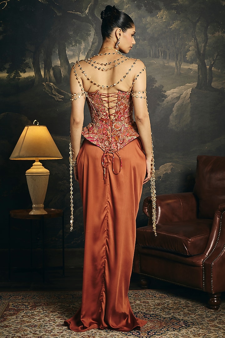 Peach Satin Draped Skirt Set by Saanjh by Lea at Pernia's Pop Up Shop