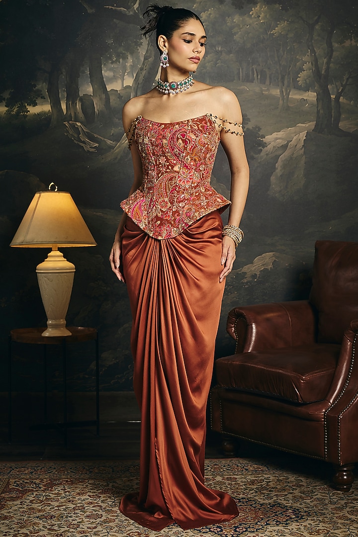 Peach Satin Draped Skirt Set by Saanjh by Lea at Pernia's Pop Up Shop