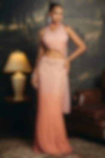 Peach Ombre Georgette Floral Embroidered Asymmetric Lehenga Set by Saanjh by Lea at Pernia's Pop Up Shop
