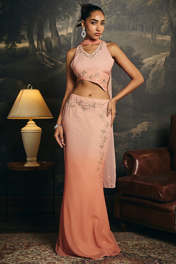 Peach Ombre Georgette Floral Embroidered Asymmetric Lehenga Set by Saanjh by Lea at Pernia's Pop Up Shop