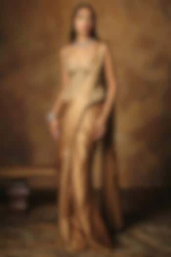 Gold Satin Draped Wedding Saree Set by Saanjh by Lea at Pernia's Pop Up Shop