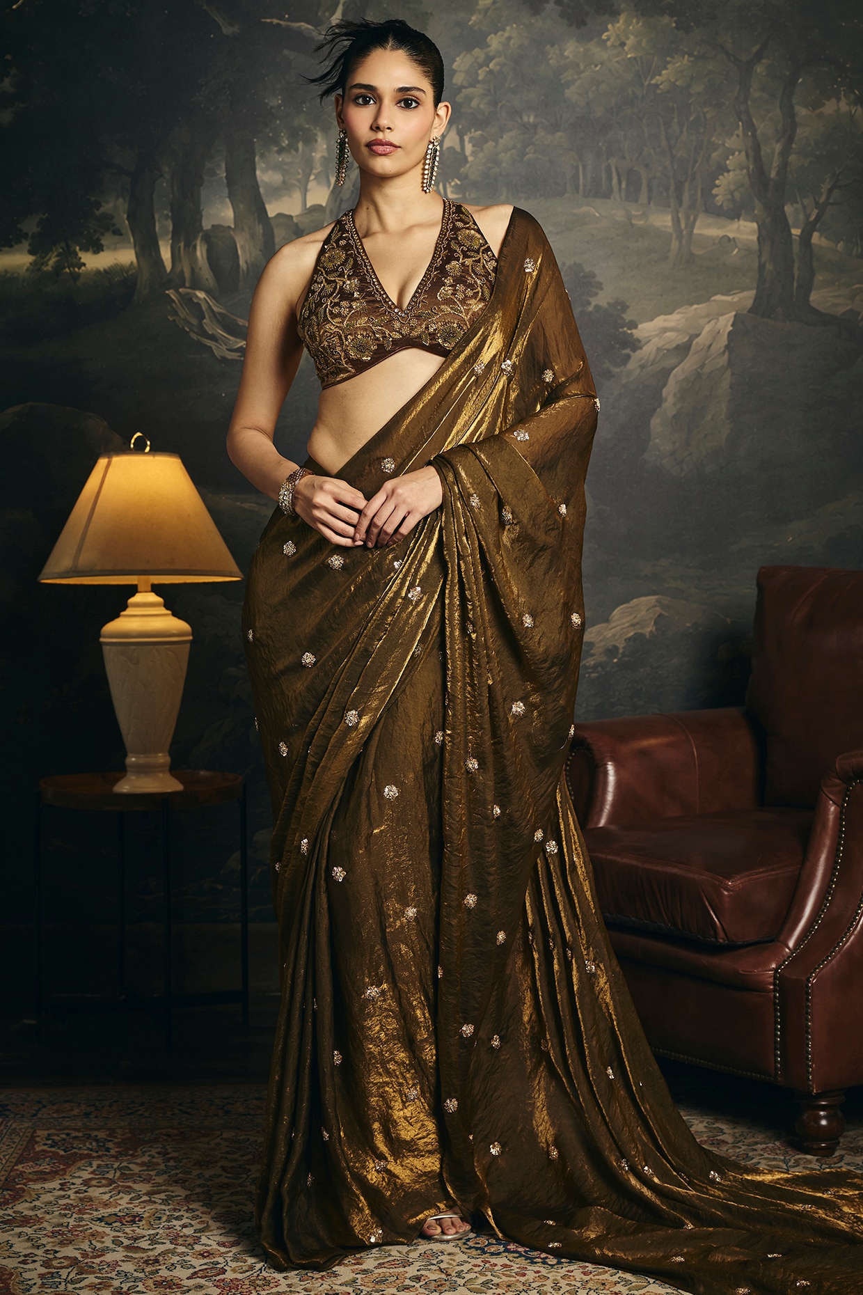 Saanjh by Lea Olive Organza Hand Embroidered Pre-Draped Saree Set