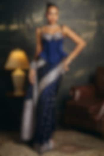 Midnight Blue Banarasi Handwoven Party Wear Saree Set by Saanjh by Lea at Pernia's Pop Up Shop