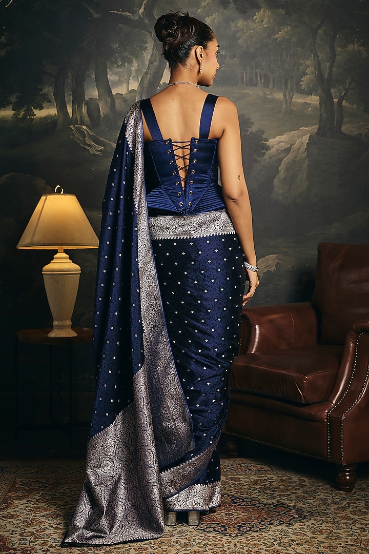 Midnight Blue Banarasi Handwoven Party Wear Saree Set by Saanjh by Lea at Pernia's Pop Up Shop