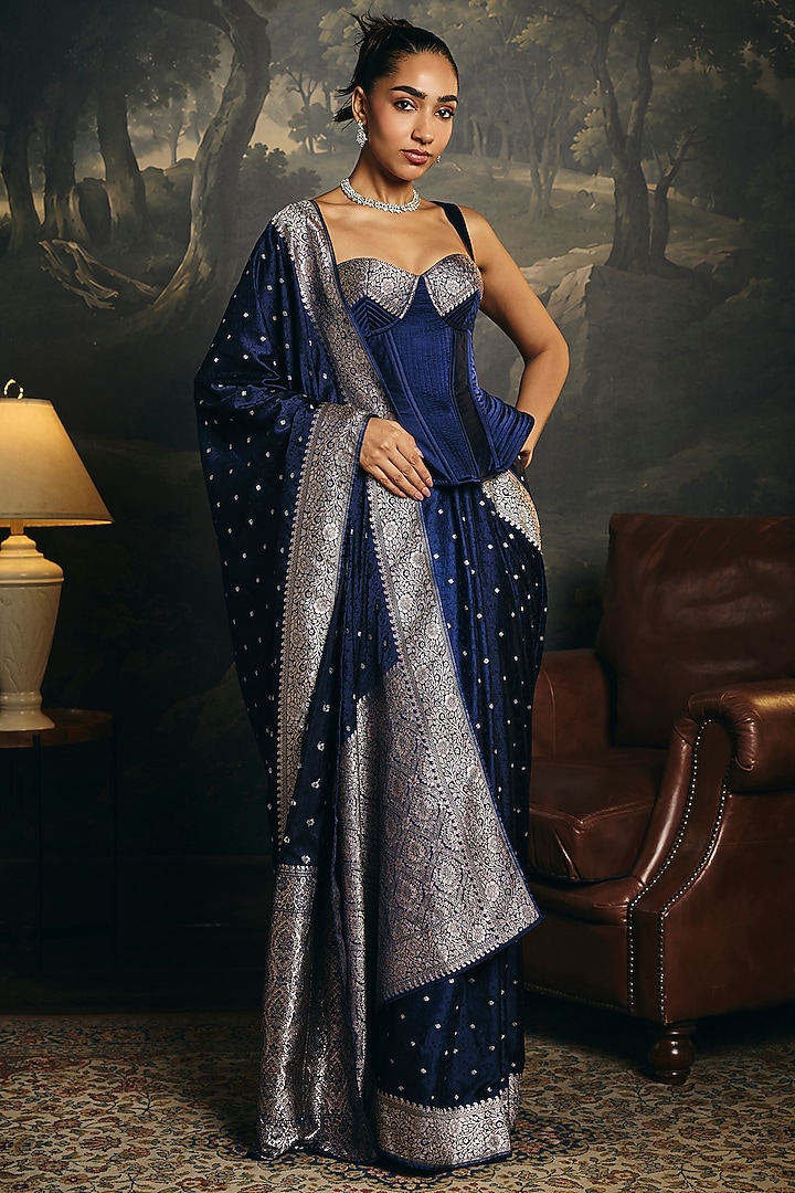 Midnight Blue Banarasi Handwoven Party Wear Saree Set by Saanjh by Lea at Pernia's Pop Up Shop