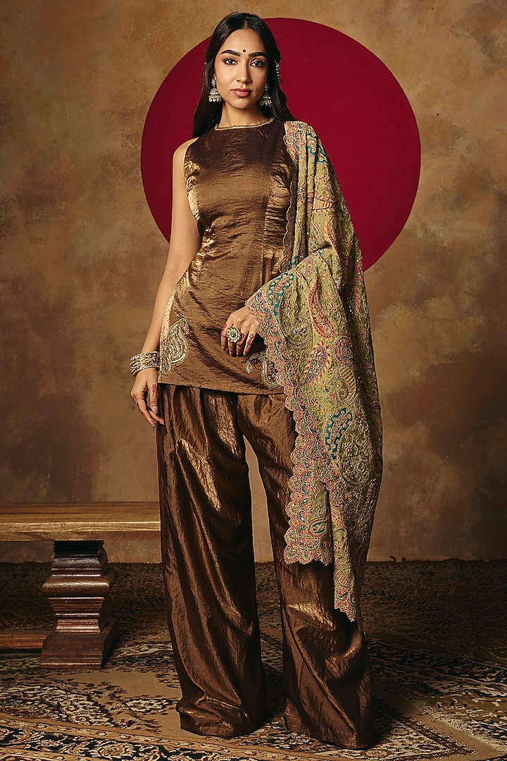 Bronze Satin Embroidered Kurta Set by Saanjh by Lea at Pernia's Pop Up Shop