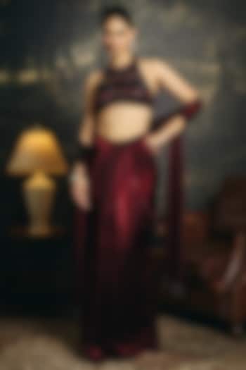 Burgundy Organza Draped Skirt Wedding Saree Set by Saanjh by Lea at Pernia's Pop Up Shop