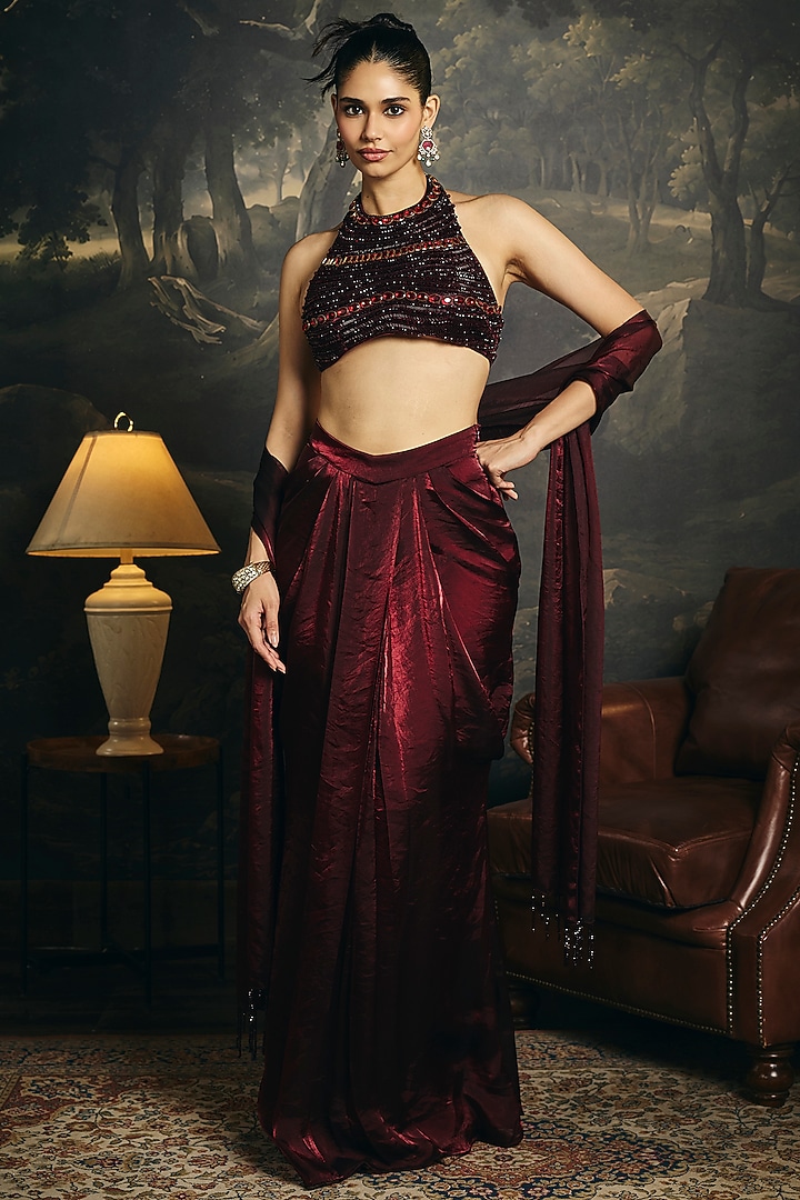 Burgundy Organza Draped Skirt Wedding Saree Set by Saanjh by Lea at Pernia's Pop Up Shop