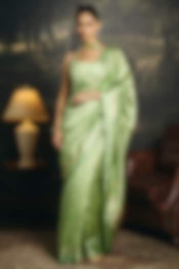Pistachio Green Banarasi Handwoven Wedding Saree Set by Saanjh by Lea at Pernia's Pop Up Shop