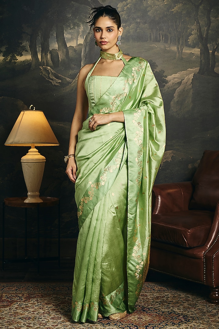 Pistachio Green Banarasi Handwoven Wedding Saree Set by Saanjh by Lea at Pernia's Pop Up Shop
