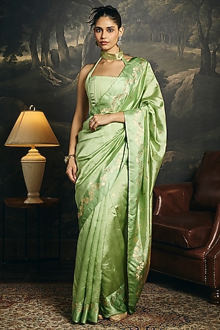 Pistachio Green Banarasi Handwoven Saree Set by Saanjh by Lea