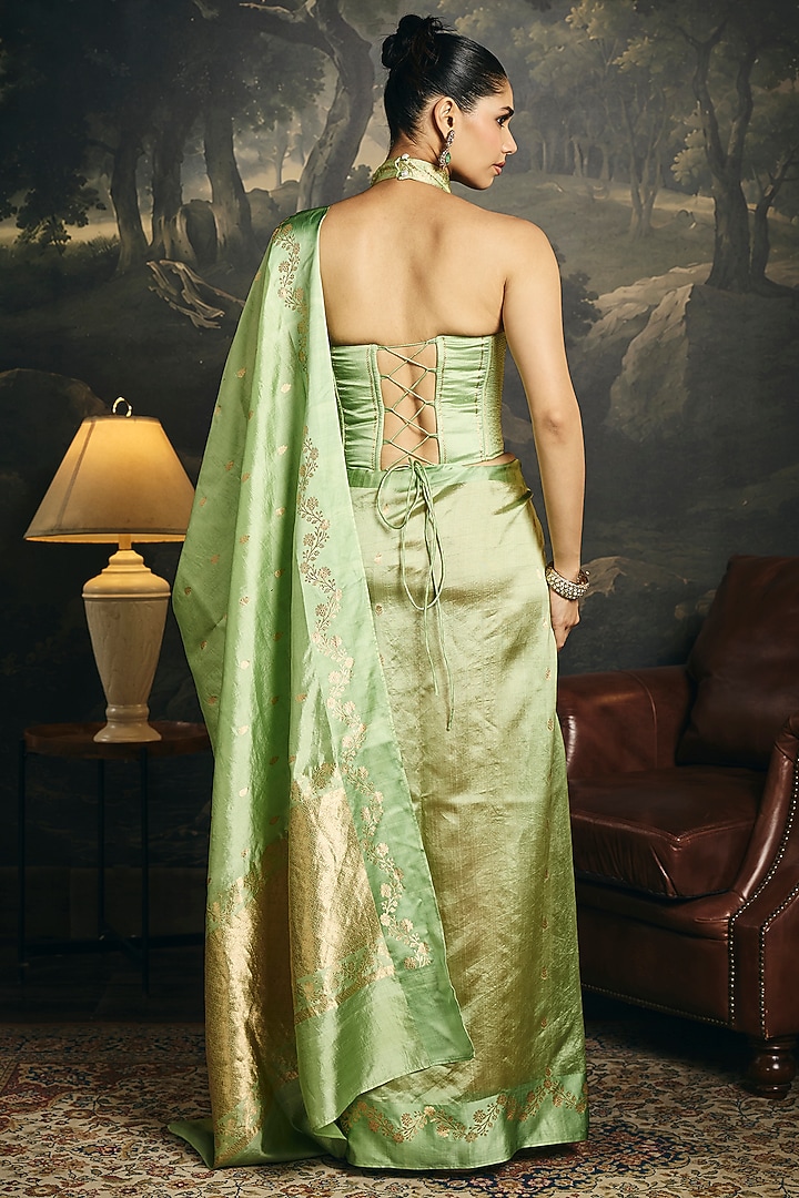 Pistachio Green Banarasi Handwoven Wedding Saree Set by Saanjh by Lea at Pernia's Pop Up Shop