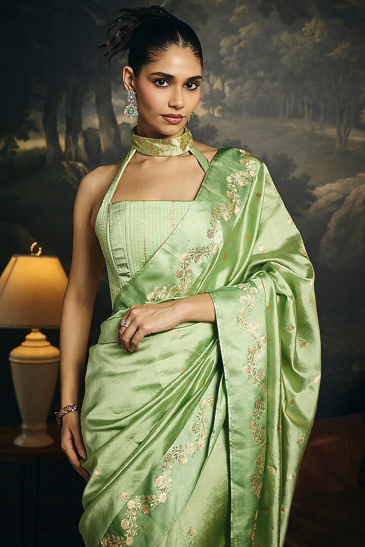 Pistachio Green Banarasi Handwoven Wedding Saree Set by Saanjh by Lea at Pernia's Pop Up Shop
