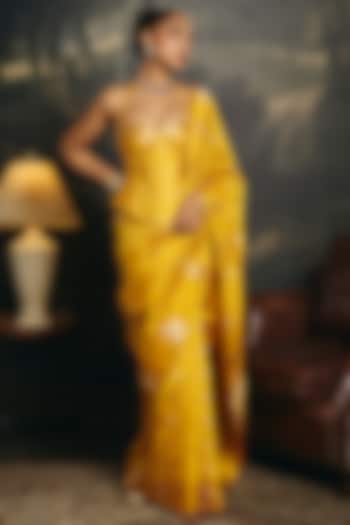 Yellow Banarasi Handwoven Wedding Saree Set by Saanjh by Lea at Pernia's Pop Up Shop