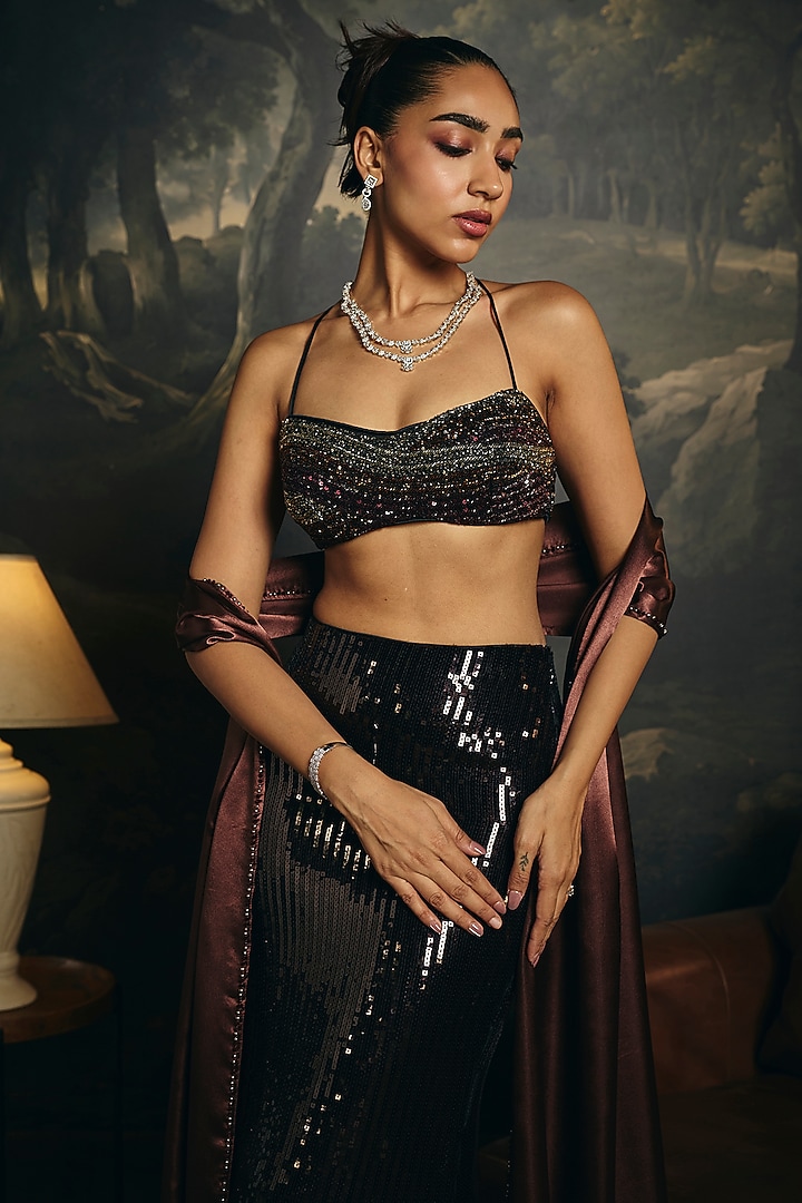 Brown Sequins Hand Embellished Mermaid Wedding Lehenga Set by Saanjh by Lea at Pernia's Pop Up Shop