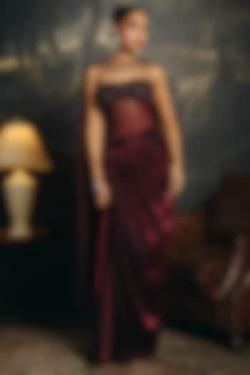 Burgundy Organza & Satin Corset Party Wear Gown Saree by Saanjh by Lea at Pernia's Pop Up Shop