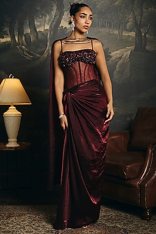 Burgundy Organza & Satin Corset Gown Saree by Saanjh by Lea