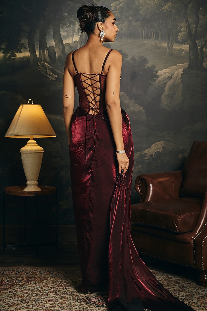 Burgundy Organza & Satin Corset Party Wear Gown Saree by Saanjh by Lea at Pernia's Pop Up Shop