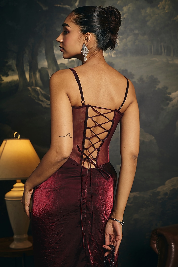 Burgundy Organza & Satin Corset Party Wear Gown Saree by Saanjh by Lea at Pernia's Pop Up Shop