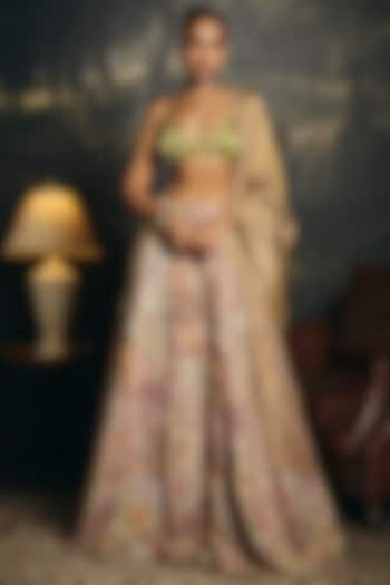 Multi-Colored Satin Hand Embroidered Wedding Lehenga Set by Saanjh by Lea at Pernia's Pop Up Shop