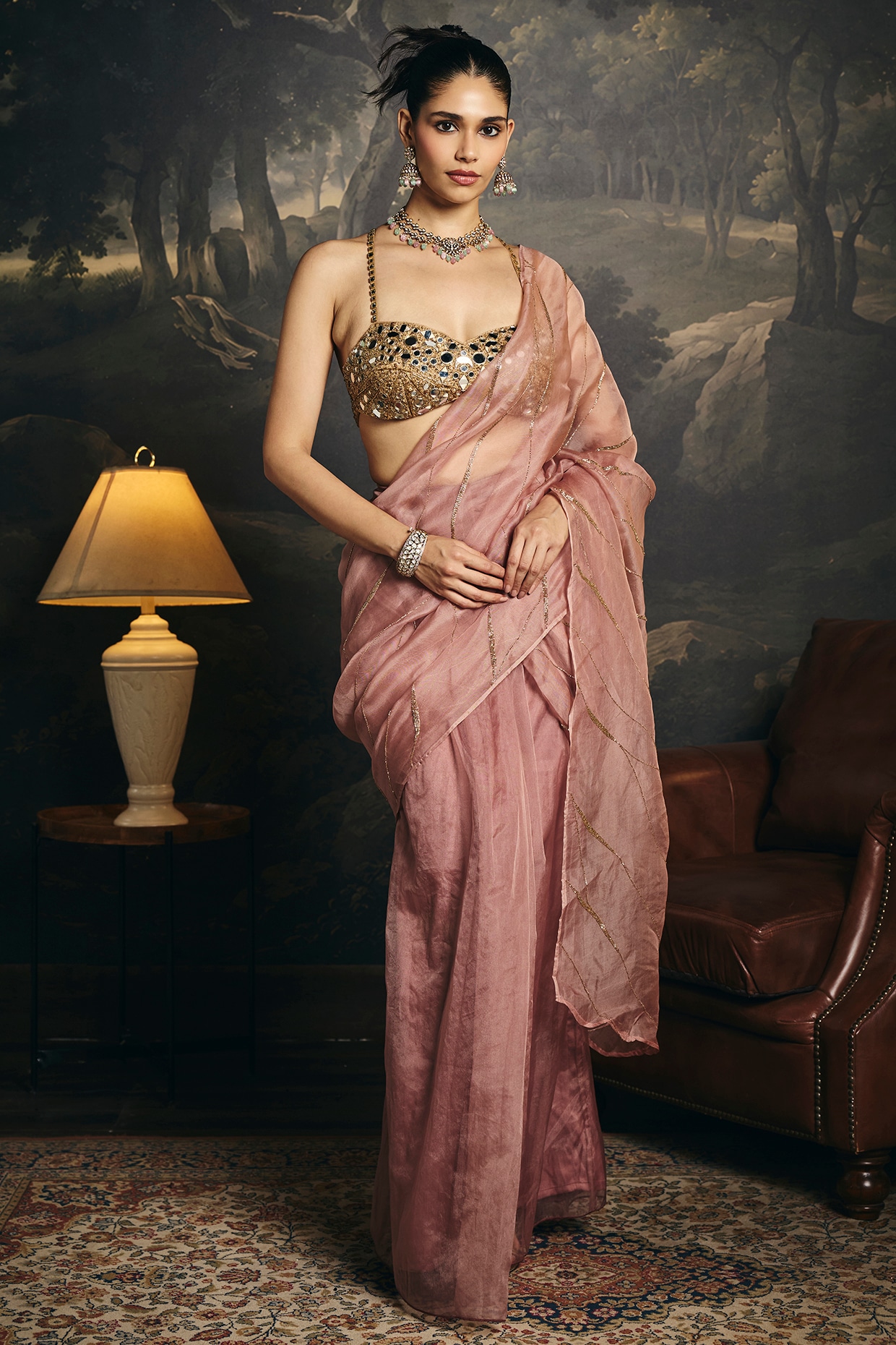Saanjh by Lea Wine Tissue Silk Mirror Embellished Draped Saree Set