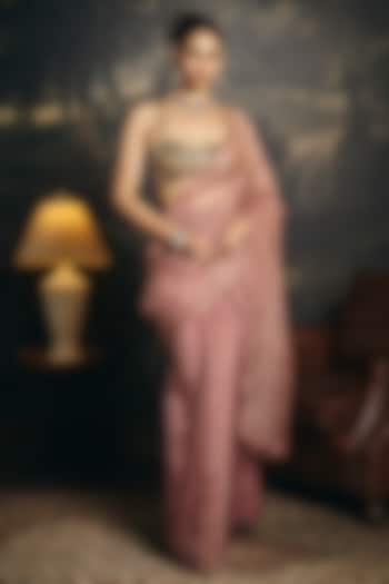 Wine Tissue Silk Mirror Embellished Draped Wedding Saree Set by Saanjh by Lea at Pernia's Pop Up Shop