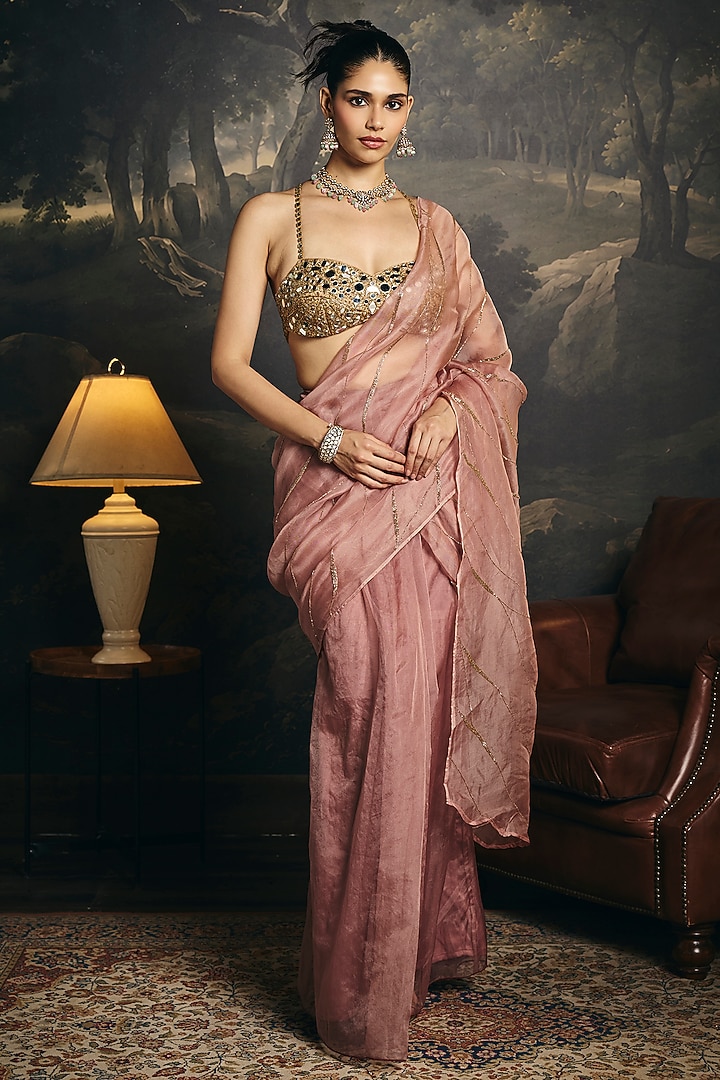 Wine Tissue Silk Mirror Embellished Draped Wedding Saree Set by Saanjh by Lea at Pernia's Pop Up Shop